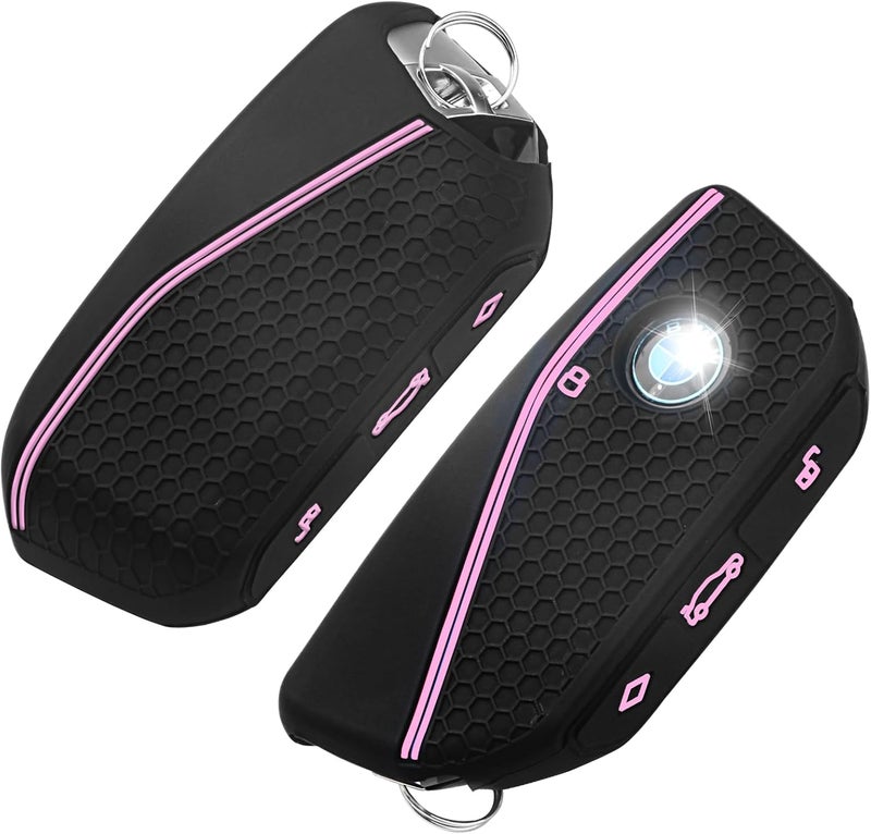 QBUC 2PCS for BMW Key Fob Cover, Soft Silicone Key Case for BMW 2024 2023 2025 7 Series IX I5 M60 X5 X7 X6 IX I7 Car Key Protector with Rings (3 Button,Pink) - Image 1